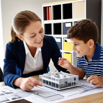**

A junior interior designer (3-5 years experience) in a modern office, reviewing blueprints with a satisfied client. The atmosphere is collaborative and creative. The designer is explaining the project details, showcasing their project experience and intermediate design skills.

**
