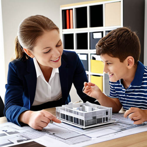 Home 4 **
A junior interior designer (3-5 years experience) in a modern office, reviewing blueprints with a satisfied client. The atmosphere is collaborative and creative. The designer is explaining the project details, showcasing their project experience and intermediate design skills.
**