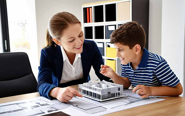 **

A junior interior designer (3-5 years experience) in a modern office, reviewing blueprints with a satisfied client. The atmosphere is collaborative and creative. The designer is explaining the project details, showcasing their project experience and intermediate design skills.

**