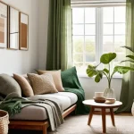 홈스타일링 실무 가이드 - **A cozy living room bathed in warm, soft indirect lighting, showcasing a neatly organized "mood boa...