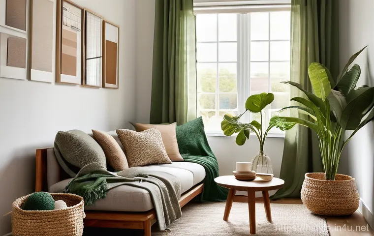 홈스타일링 실무 가이드 - **A cozy living room bathed in warm, soft indirect lighting, showcasing a neatly organized "mood boa...