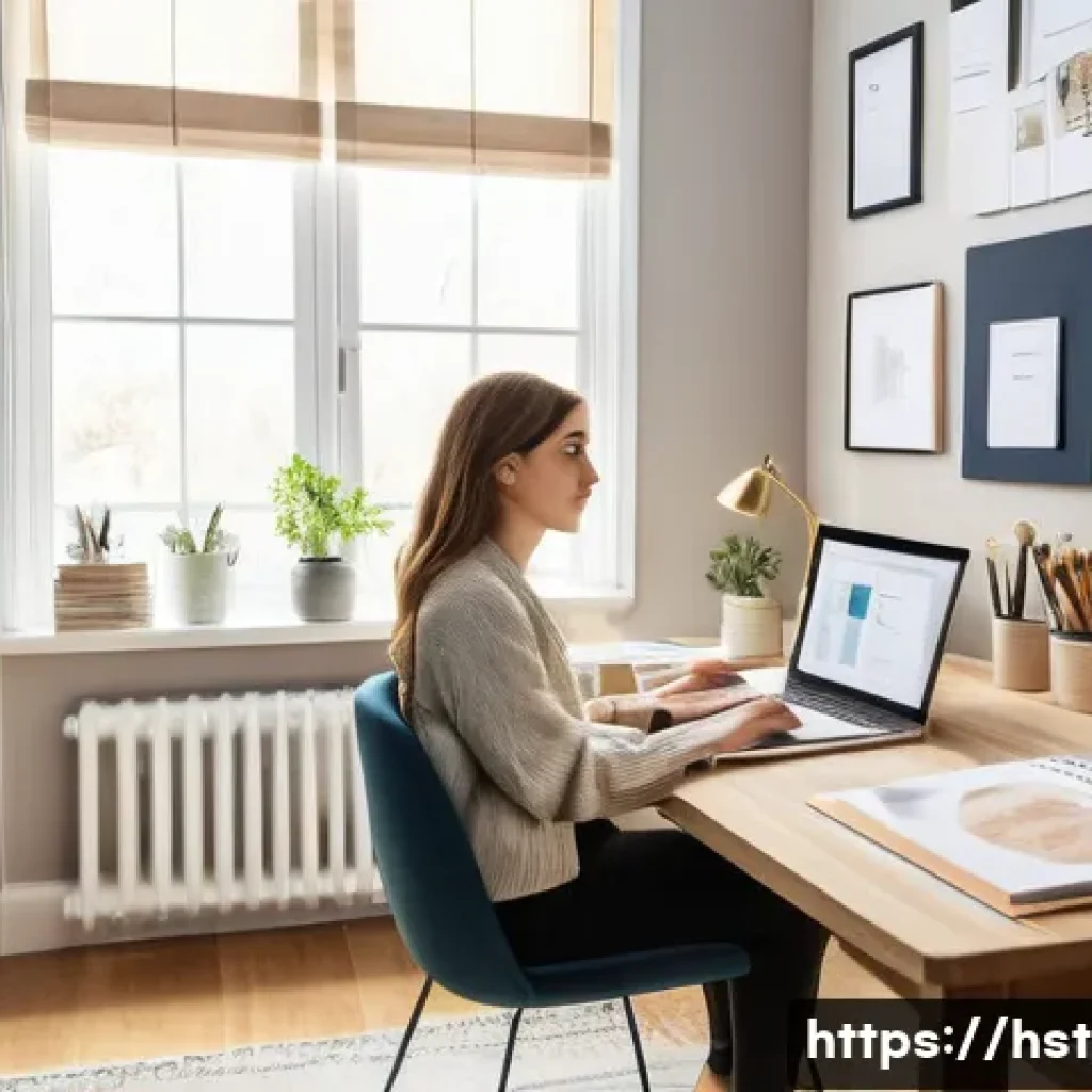 홈스타일링 자격증 시험 난이도 분석 - A dedicated young woman, dressed in smart casual attire, sits at a neatly organized desk in a cozy, ...