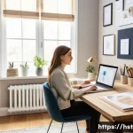 홈스타일링 자격증 시험 난이도 분석 - A dedicated young woman, dressed in smart casual attire, sits at a neatly organized desk in a cozy, ...