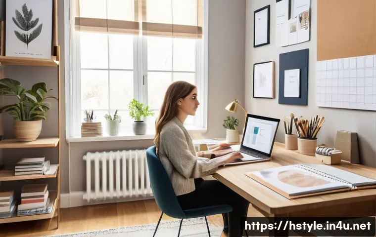 홈스타일링 자격증 시험 난이도 분석 - A dedicated young woman, dressed in smart casual attire, sits at a neatly organized desk in a cozy, ...